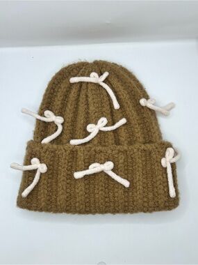 Urban Outfitters Brown Knit Beanie with light pink Bow Details